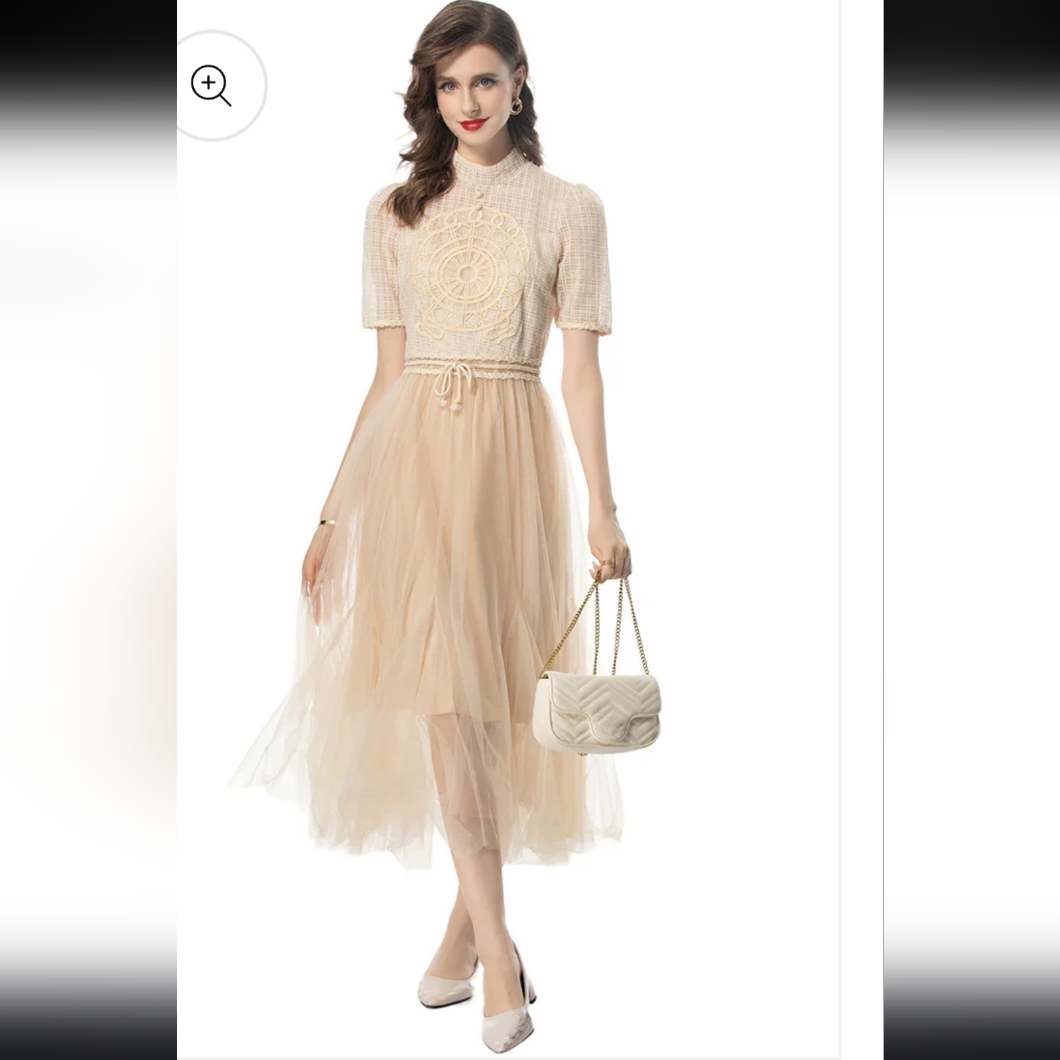 Lace-Bodice Cream Midi Dress With Tulle Skirt